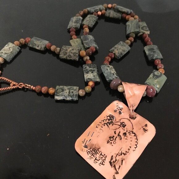 Copper Phoenix Eagle Dog Tag Mookite Jasper Necklace Long Gemstone - Picture 9 of 10